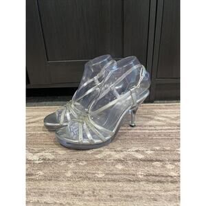 Jaqueline Ferrar Silver Heels Size 7.5 Women’s Fancy Rhinestones Strappy Formal